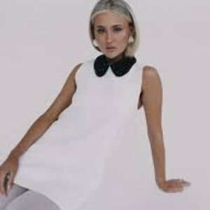 NWT Zara White Top with Black Beaded Collar